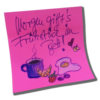 Beim Einkaufen an das Frühstück im Bett am Sonntag denken Postit